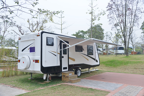 Caravan camping base, row of camping trailer