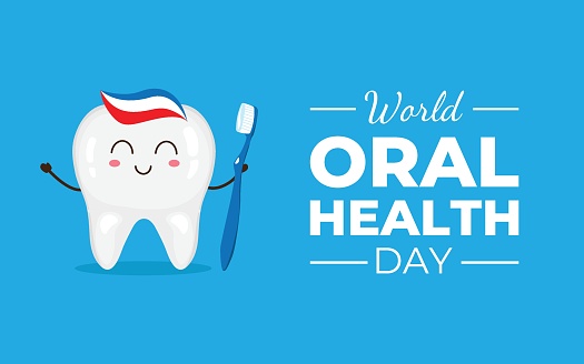 World Oral Health Day. Banner for website and social media template. Vector illustration. Funny cartoon tooth character.