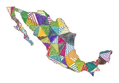 Kid style map of Mexico. Hand drawn polygons in the shape of Mexico. Vector illustration.
