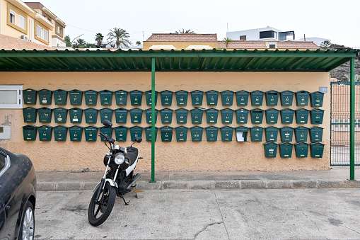 Jandia , Spain, November 21, 2023 - Mailboxes at the entrance of an apartment building in Jandia, Fuerteventura, Canary Islands, Spain.
