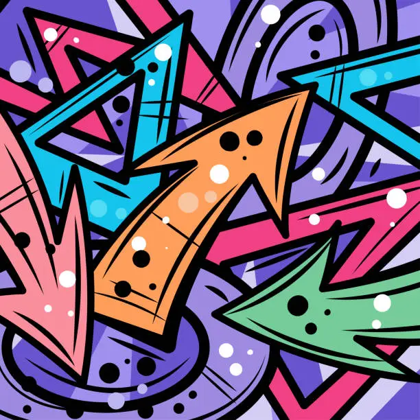 Vector illustration of Chaotic graffiti art arrows and abstract geometric shapes background