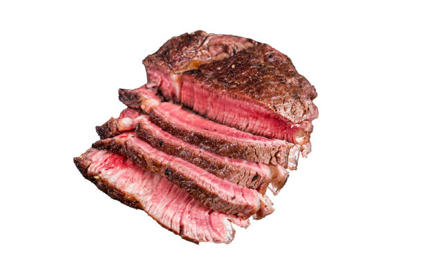 Fillet Mignon tenderloin Grilled and sliced meat beef steaks.  Isolated on white background, top view