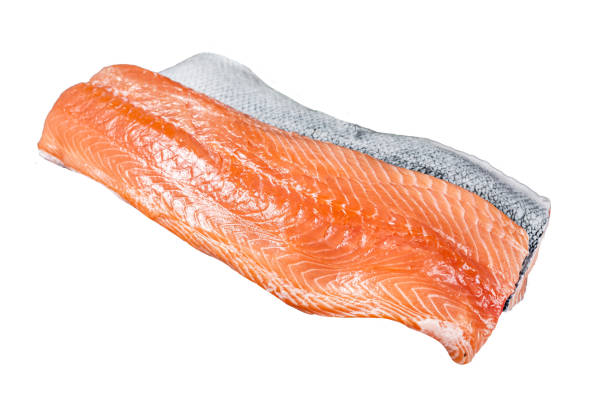 istock Fresh raw salmon fillet fish  Isolated on white background, top view. 1887102192