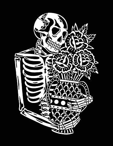 Skeleton with vase and roses on black background