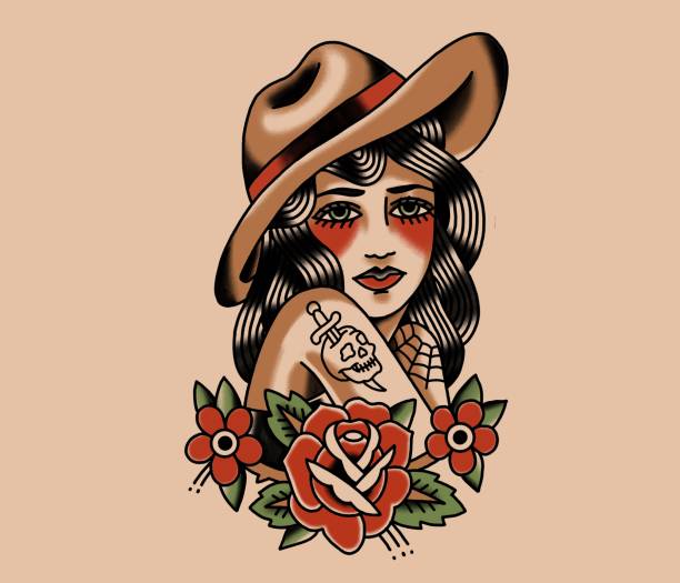 Old School Tattoo drawing tattooed cowgirl Floral drawing of woman with cowboy hat in traditional Tattoo Style vintage cowgirl stock illustrations