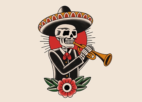 Skeleton with sombrero playing trumpet in traditional Tattoo Style