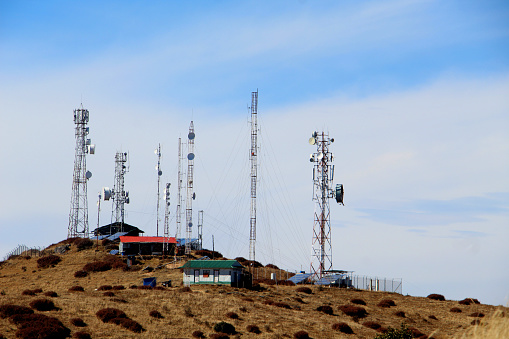 Telecommunication and internet stations are set up on the hill station in Nepal.