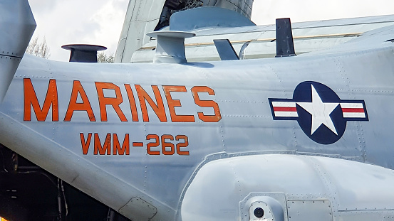 Changi Airport, Singapore - February 12, 2020 : Marines Painted On Military Aircraft Of The U.S. Marine Corps.