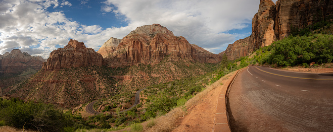 Mount Carmel Scenic Highway Winds Down into Zion Canyon in Summer