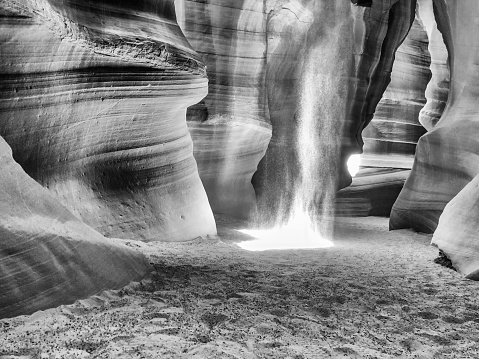 Black and white view of Antelope Canyon. Abstract background. Travel and nature concept