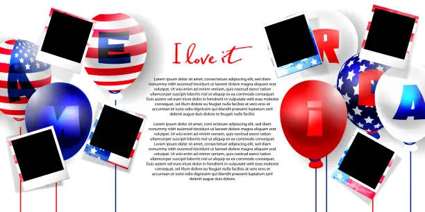Vector illustration of Election voting concept in realistic style. Vote in the USA, banner design. Balloons with the American flag and instant photos on an abstract concrete background. Creative illustration for voting in elections with copy spase.