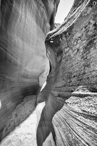 Black and white view of Antelope Canyon. Abstract background. Travel and nature concept