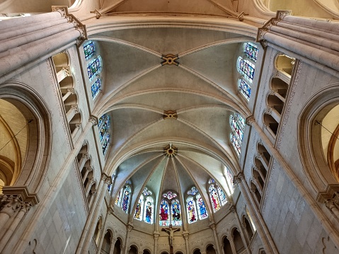 Lyon Cathedral is a Roman Catholic church located on Place Saint-Jean in central Lyon. Begun in 1180 on the ruins of a 6th-century church, it was completed in 1476. The image shows the ceiling and ribbed vaulting of the gothic church.
