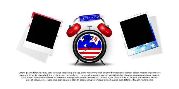 Vector illustration of Election voting concept in realistic style. Vote in the USA, banner design. Alarm clock with American flag and instant pictures on a white background. Creative illustration of voting in elections with place for text.