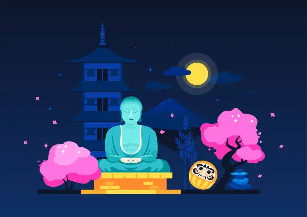 Vector illustration of Buddha statue at night - modern colored vector illustration