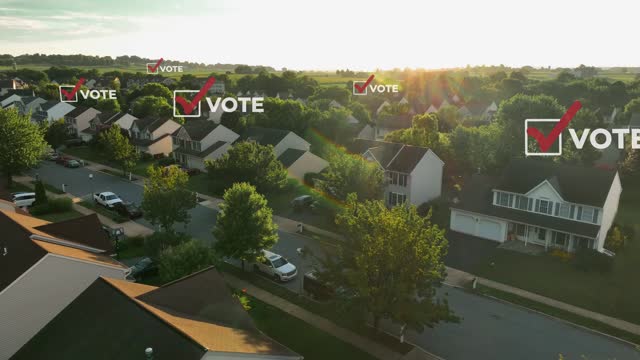 Vote checkmark above houses in United States neighborhood during sunrise. Aerial shot of American election, voting, and polling. 3D render animation. USA suburbia.