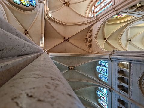 Beautiful gothic ribbed vault ceiling in a church in southern france (Occitanie).