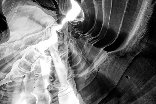 Black and white view of Antelope Canyon. Abstract background. Travel and nature concept