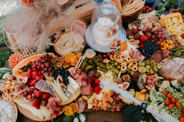 Large colorful summer charcuterie table