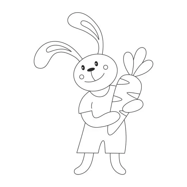 Vector illustration of Coloring page with Easter bunny and carrot in his paws. Black and white game for kids. Children education or animals theme.