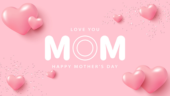 Minimalistic pink Mother's Day card with pink 3D realistic hearts and sparkles. Holiday card, poster, banner.