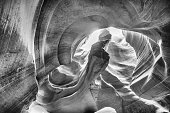 Black and white view of Antelope Canyon. Abstract background. Travel and nature concept.