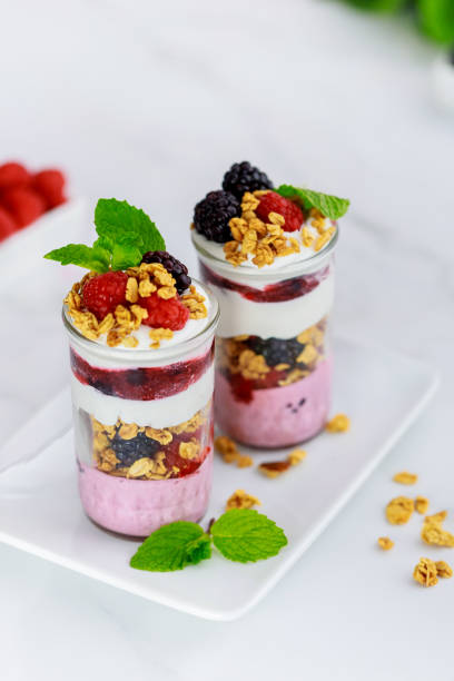 Berry pannacotta with greek yogurt, granola.