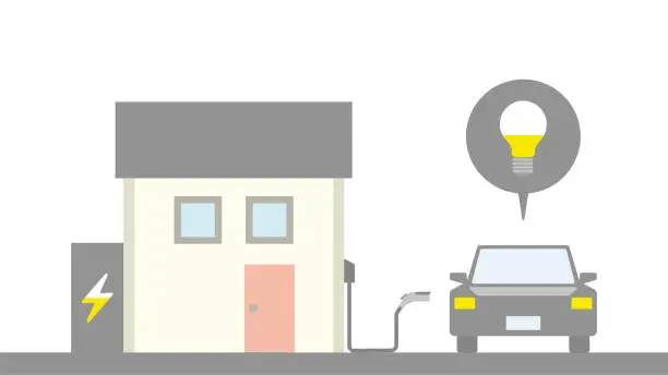 Vector illustration of Illustration of charging an electric car with a small square house charging facility