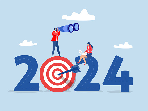 Businessman  analyst use telescope on Year 2024 outlook for opportunity or new challenge ahead vision to make decision plan future concept vector illustrator