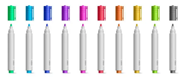Vector illustration of Colorful marker pens set vector realistic illustration. Office highlighters design elements