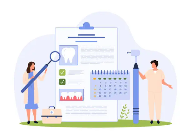 Vector illustration of Planning dental appointment on calendar by tiny people with big dentists equipment