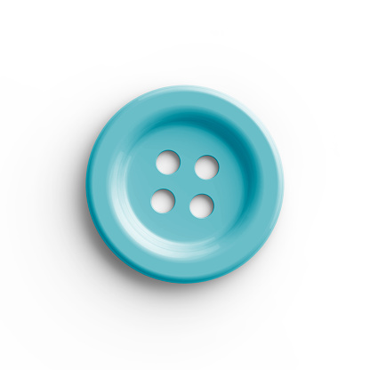 Blue, round button with four holes in the middle\nisolated on white background