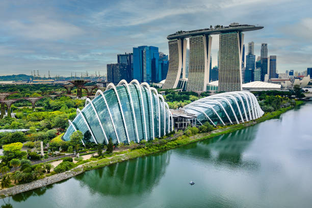 vista aérea dos parques, jardins e edifícios modernos na área de marina bay da cidade de singapura - singapore skyline - fotografias e filmes do acervo
