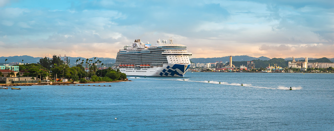 San Juan, Puerto Rico - Nov 22, 2023: Cruise ship Sky Princess of Princess Cruises sailing away from port of San Juan in Puerto Rico.