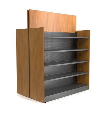 Wooden display case with five black shelves. 3d illustration isolated on white