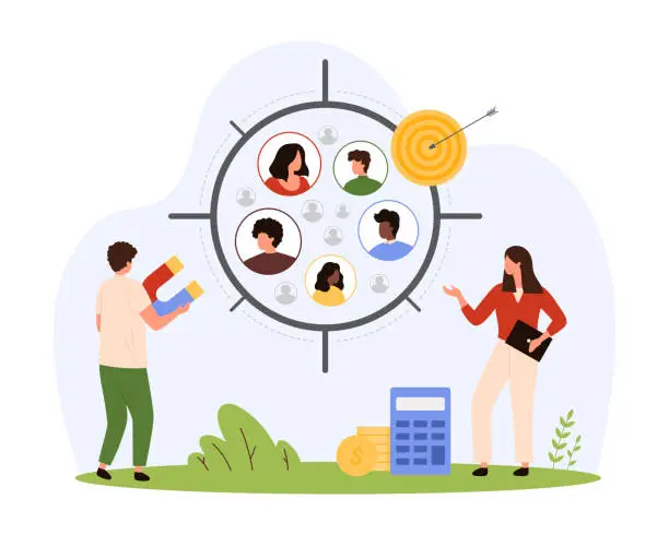 Vector illustration of Focus group research, tiny people holding magnet to attract customers, find clients
