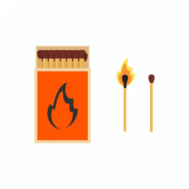 Vector illustration of Matchbox and burning matchstick vector flat illustration