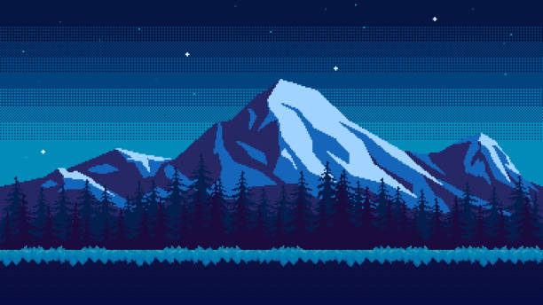 Pixel art mountain background at night. Grassy ground against the backdrop of a pine forest, snow-capped peaks and sky with stars. Horizontal seamless nature vector illustration