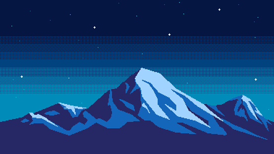Pixel art mountain background at night. Seamless landscape backdrop of snow-capped peaks and sky with stars. Nature horizontal vector illustration