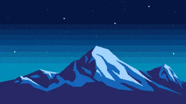 Vector illustration of Pixel art mountain background at night. Seamless landscape backdrop of snow-capped peaks and sky with stars. Nature horizontal vector illustration.