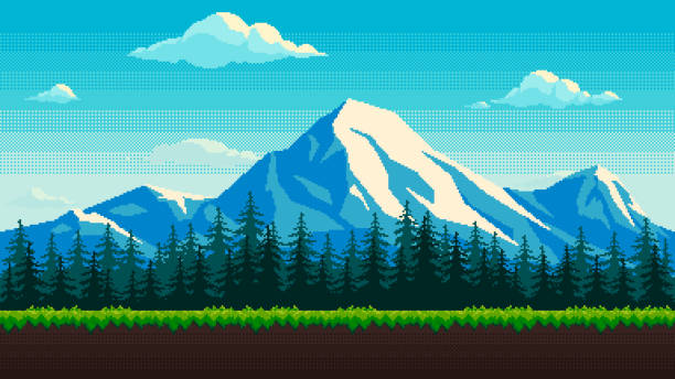 Pixel art game mountain location. Summer seamless background with snow capped peaks, fir tree forest and grass. 8-bit retro style illustration for video arcade