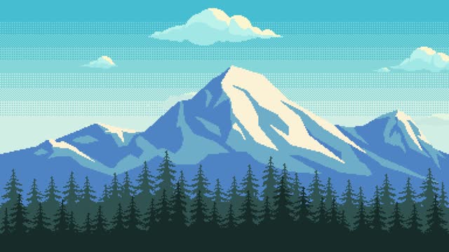 Pixel art animation of mountain landscape with switch day and night mode.