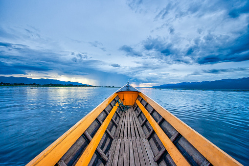myanmar, inle lake, the bow of a boat and view to the lake