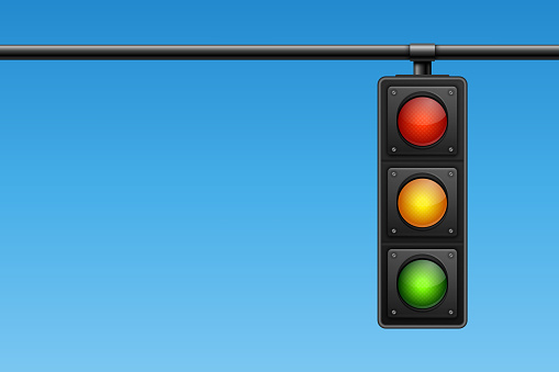 Vector Banner with 3d Realistic Detailed Road Traffic Lights on Blu Sky Background. Safety Rules Concept, Design Template. Stoplight, Traffic Lights Template.