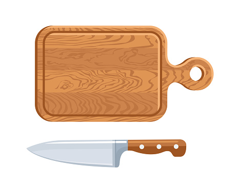 Cutting board and knife isolated on white background. Vector cartoon illustration of kitchen utensils.