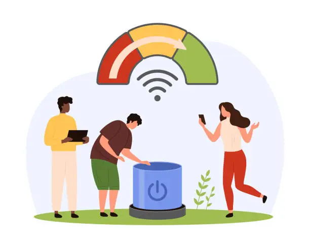 Vector illustration of Turn on internet access and communication, tiny people push circle button with power sign