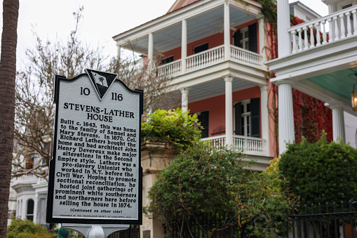 Charleston, South Carolina, USA, November 12, 2023 The exterior of the historic Stevens-Lather House in downtown Charleston, South Carolina