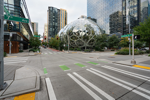 Vancouver City Taxi Stand At Waterfront Metro Station In Vancouver British Columbia Canada North America, Mobi Bike Share Docking Station, Building Exterior, Road Traffic, People Walking Scene During Autumn Season