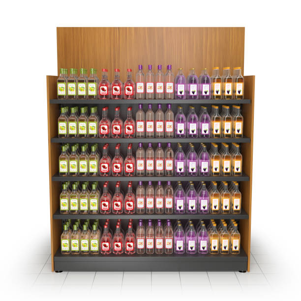 Wooden display case with black shelves and drink bottles. 3d illustration isolated on white