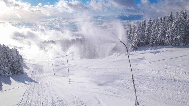 istock AERIAL: Snow making machines preparing artificial snow base at winter ski resort 1887410867